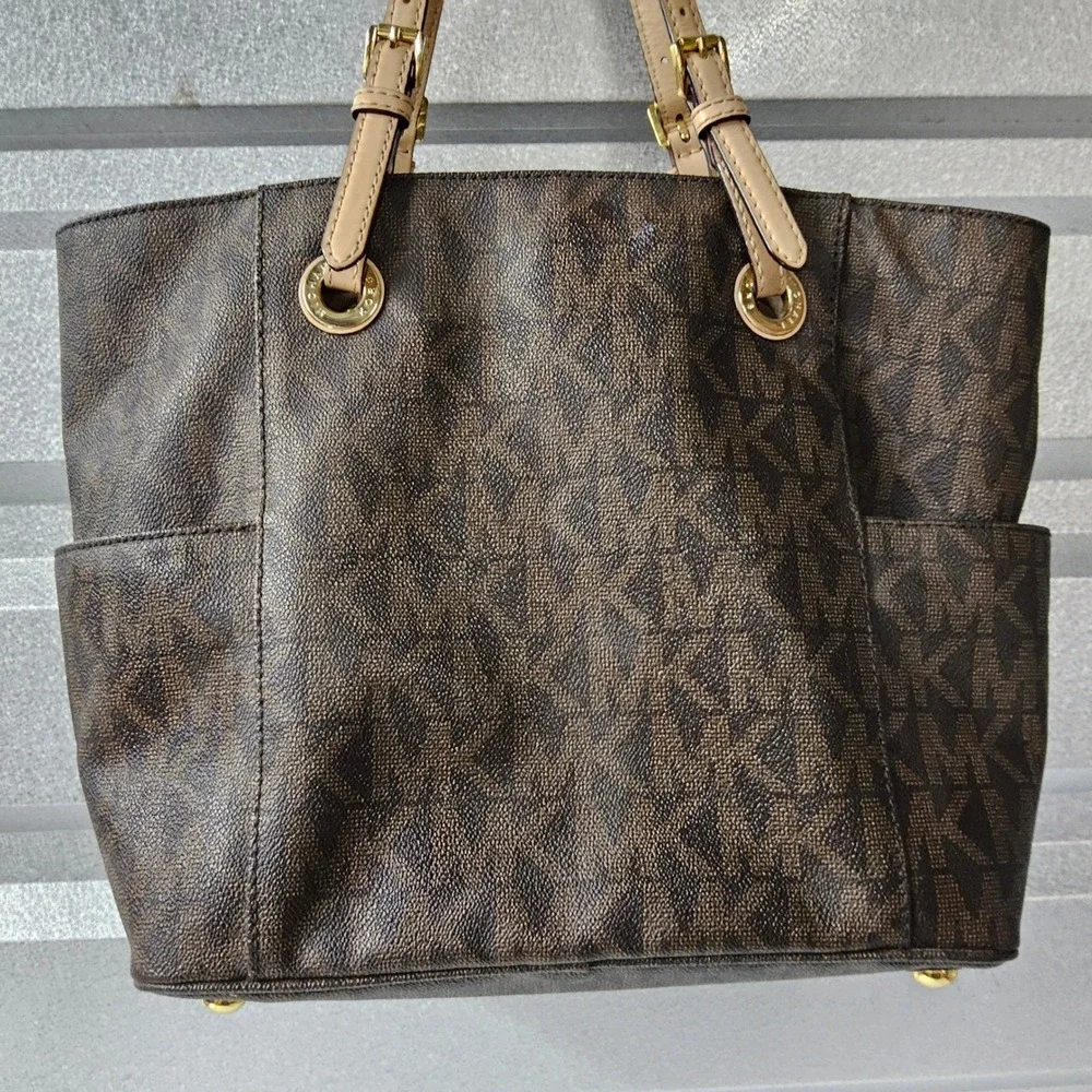 Michael Kors Tote Bag Purse Satchel Brown Signature Print Shoulder Bag - Picture 9 of 16
